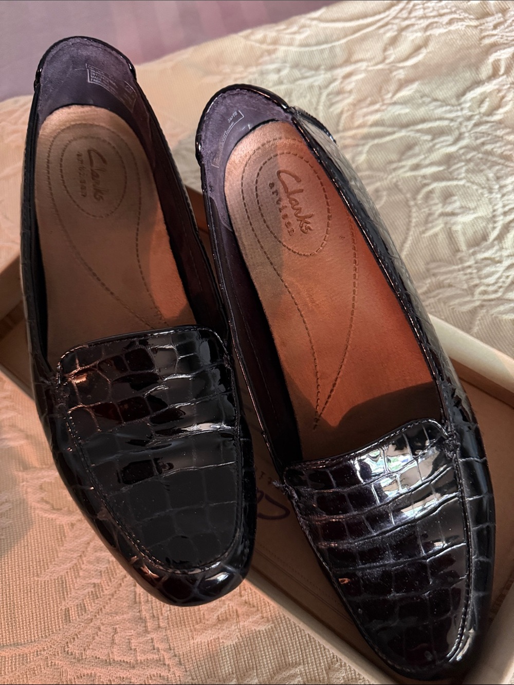 Clarks Black Croc-Embossed Patent Loafers
